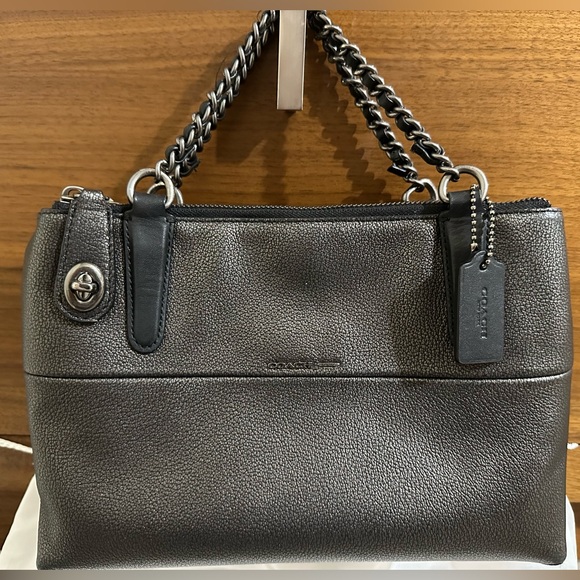 COACH MINI TURNLOCK BOROUGH BAG W/WOVEN CHAIN IN METALLIC LEATHER CROSSBODY - Picture 4 of 13